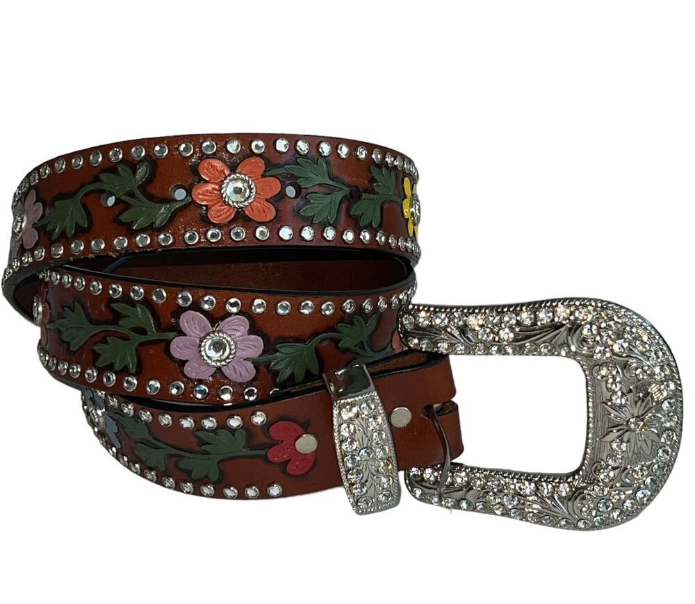 3-D Rhinestone Hand Tooled Hand Painted Leather Belt Bling Buckle Retro 38